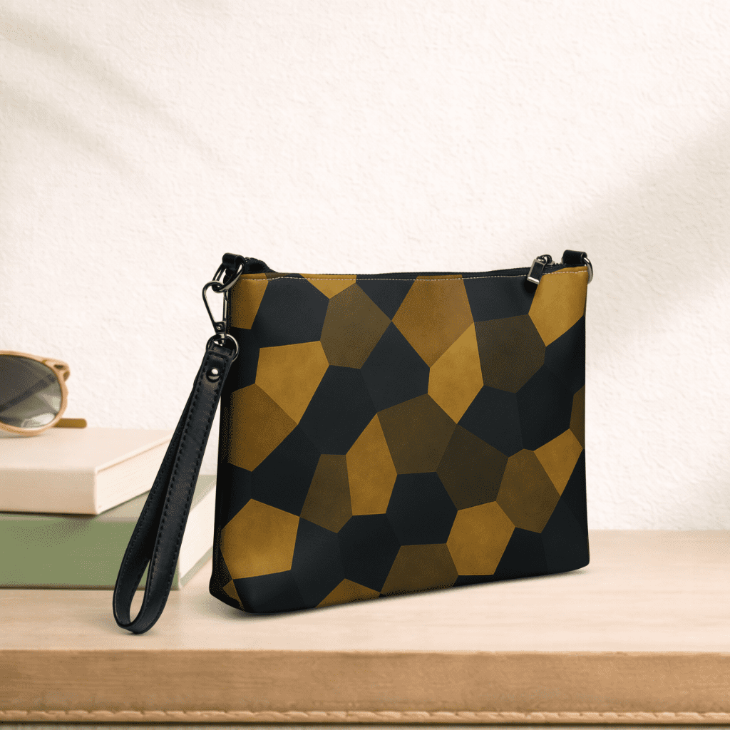 Pochette bandoulière en faux cuir, couleur noir et or