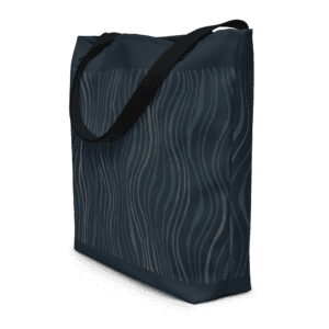 Tote bag en polyester 225 g/m² certifié OEKO-TEX®, couleur bleu, avec poignées en denim