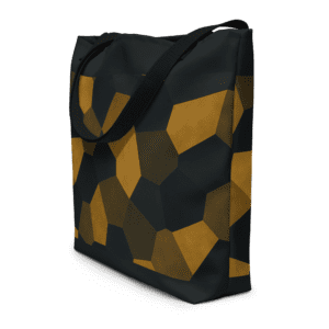 Tote bag en polyester 225 g/m² certifié OEKO-TEX®, couleur noir et or avec poignées en denim