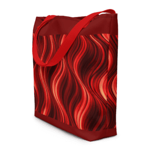 Tote bag en polyester 225 g/m² certifié OEKO-TEX®, couleur rouge, avec poignées en denim