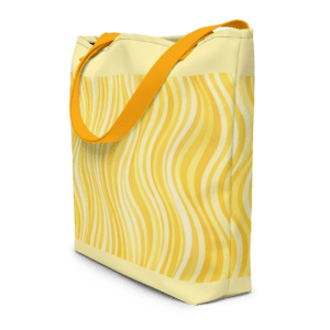 Tote bag en polyester 225 g/m² certifié OEKO-TEX®, couleur jaune, avec poignées en denim